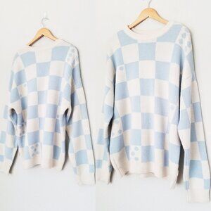 Urban Outfitters UO Blue Checkerboard Dice Oversized Knit Sweater Jumper Size L